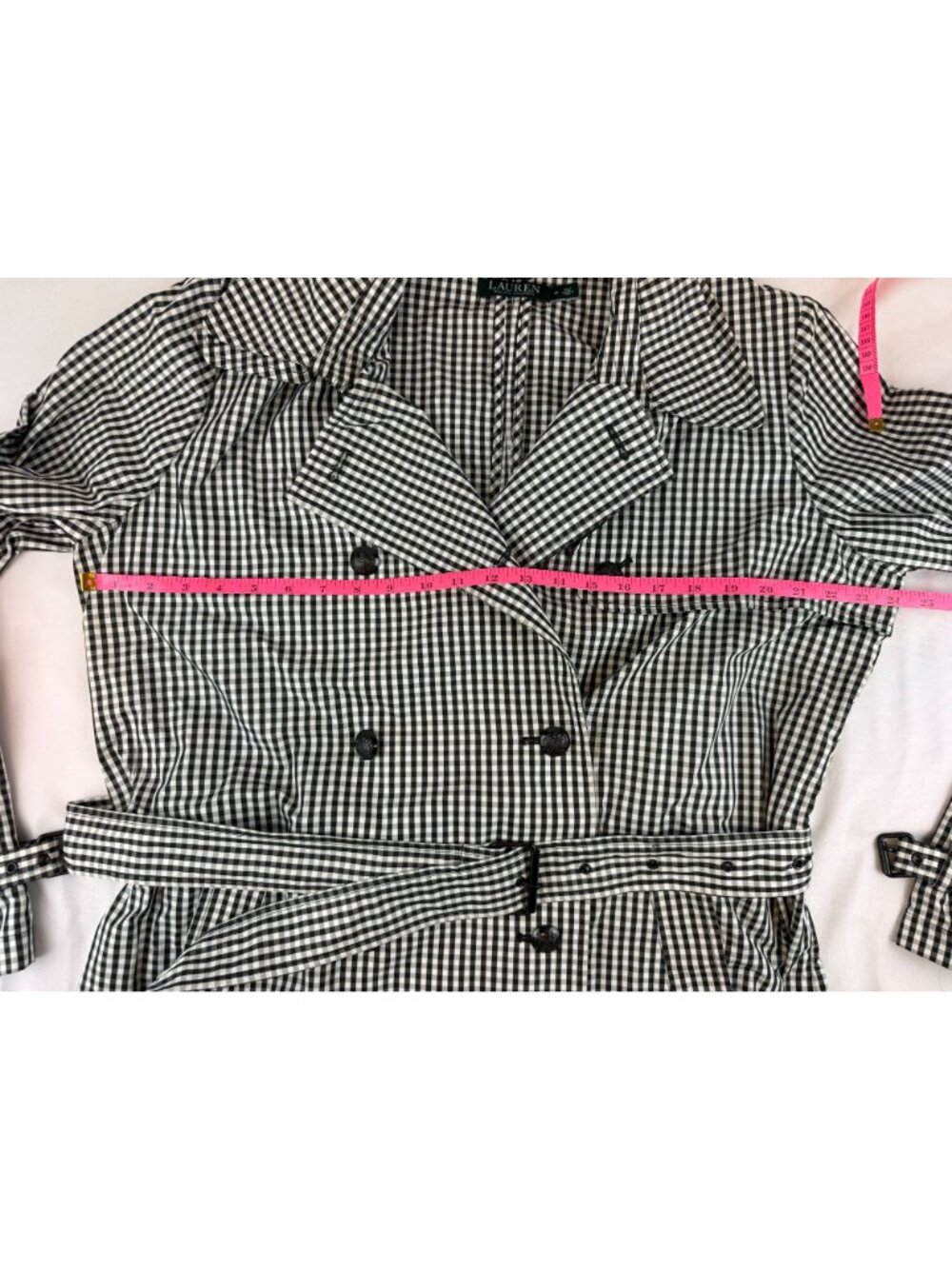 Lauren Ralph Lauren Gingham Twill Trench Coat Size 16 Black & White - Picture 7 of 8
